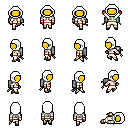 An astronaut in a white spacesuit with a gold visor and a grey backpack, in sixteen pixel-art poses