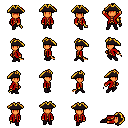 A pirate captain in a gold-trimmed tricorn hat and scarlet coat with a cutlass, in sixteen pixel-art poses