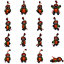 A junkyard robot with a rusty orange drum body, one round camera eye and a bent antenna, in sixteen pixel-art poses