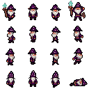 An old wizard in a violet star-embroidered robe with a bent pointed hat and a teal crystal staff, in sixteen pixel-art poses
